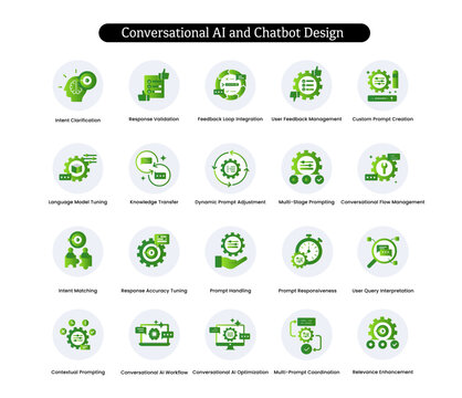 Conversational AI and Chatbot Design icon, Building Intelligent Chatbots with Advanced Prompt and Dialogue Flow Management, Design Seamless AI Conversation Experiences.