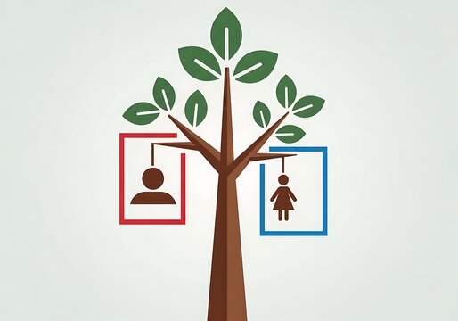 A tree symbolizing gender differences with male and female figures hanging from branches in separate frames