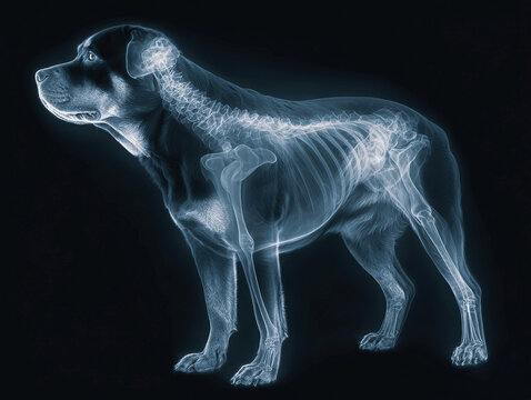 Rottweiler X-ray image showcasing a muscular black dog against a dark background, with visible skeletal structure through an X-ray effect The stark contrast highlights the solid form a - AI-Generated