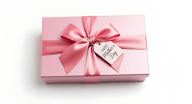 Pink gift box with bow and happy mothers day tag on white background