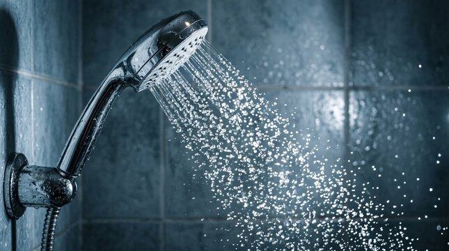 Water falls from metallic showerhead against wet tiles