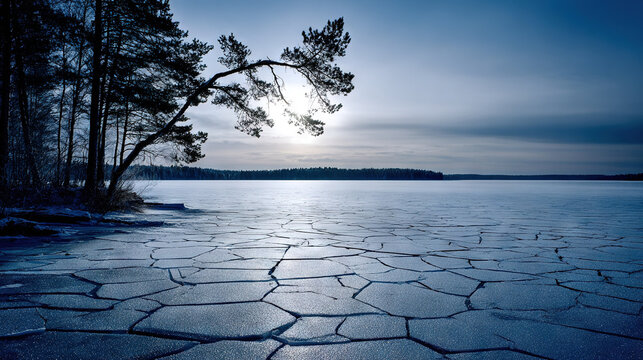 Frozen Lake with Sunlight and Trees