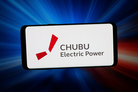Stuttgart, Germany - 03-26-2026: In this photo illustration, the logo of utility company Chubu Electric Power (Chuden) is displayed on a smartphone in front of abstract background on computer screen.