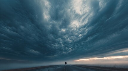 Dark storm clouds with sunlight piercing through over empty road and lone silhouette, cinematic moody sky, dramatic weather landscape, atmospheric scene with strong contrast and copy space