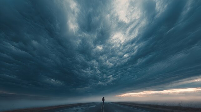 Dark storm clouds with sunlight piercing through over empty road and lone silhouette, cinematic moody sky, dramatic weather landscape, atmospheric scene with strong contrast and copy space