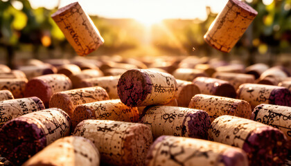 Fototapeta premium Wine corks lie scattered on the ground, with several corks falling in the background. The warm sunlight enhances the scene of wine corks and vineyards.