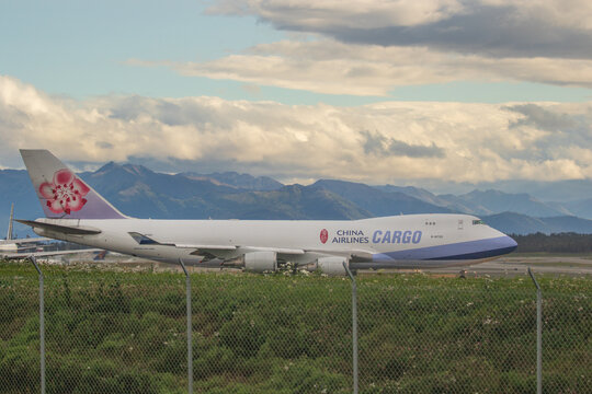 China Airlines 747 - 400 freighter getting ready to depart Anchorage International Airport 