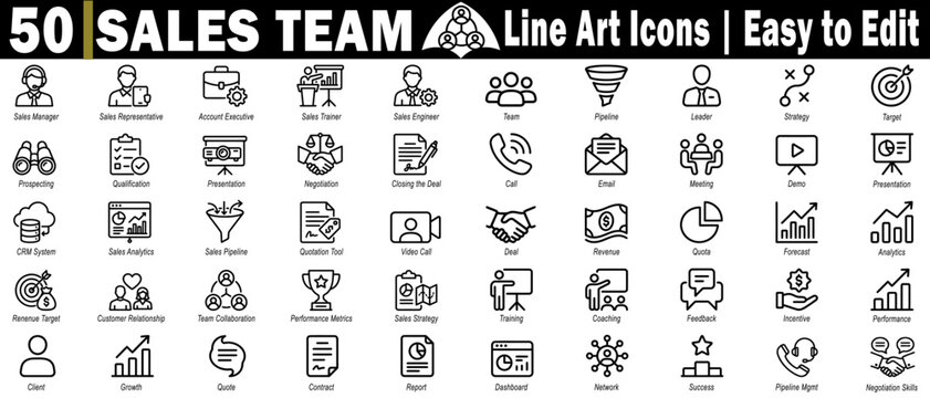 Sales team line art icons set. Easy to edit for sales manager, representative, account executive, trainer, and engineer roles vector illustration.