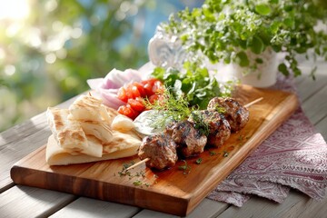 Grilled meat skewers with pita bread and fresh salad