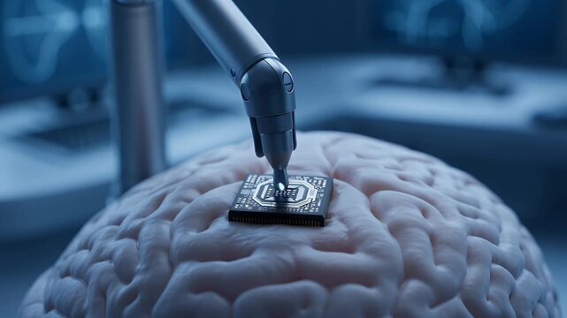 Robotic Arm Implants Microchip on Human Brain, Futuristic Neural Interface Concept