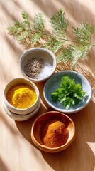 Fresh spices herbs and seasoning ingredients flat lay composition