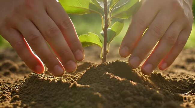 Planting green sapling, hands in soil, gardening concept, eco friendly