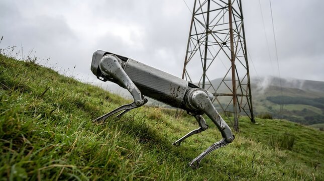Robotic dog explores grassy hill near power lines, showcasing future of technology and exploration