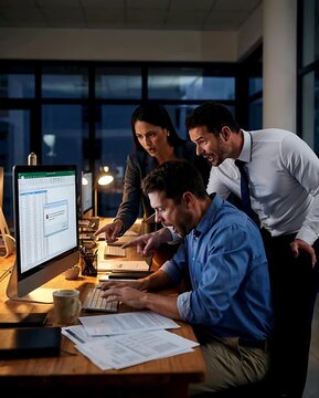 Office scene at night close-up on a stressed man at his desk as a critical error flashes on his monitor, he jolts upright and types frantically while two teammates rush in beside