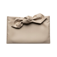 Fototapeta premium Beige fabric envelope clutch bag with a decorative bow on top, Png