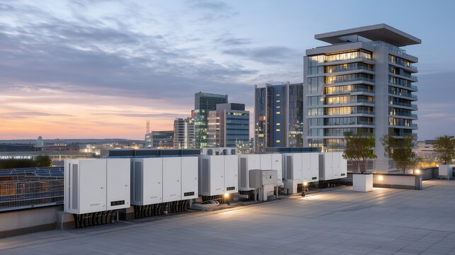 Rooftop solar inverter cluster with battery storage units and communication gateway devices aggregating distributed energy resources for coordinated dispatch control, perfect for virtual capacity, r