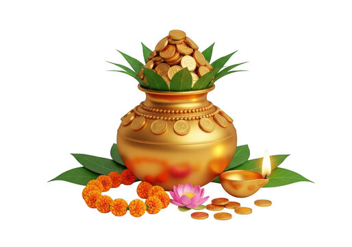 Auspicious golden kalash with coconut mango leaves and diya for diwali and akshaya tritiya