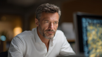 Obraz premium Longevity clinic physician analyzing patient biomarkers and cellular age indicators using advanced diagnostic imaging in private antiaging treatment facility consultation room, perfect for preventiv