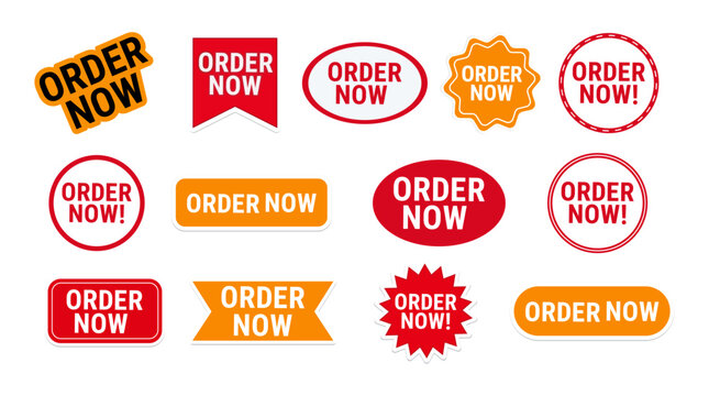 Collection of "Order Now" Labels - Various Shapes and Designs for E-commerce