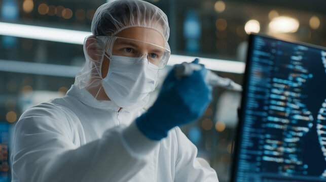 Gene therapy researcher preparing CRISPR delivery vectors in biosafety containment laboratory wearing protective equipment with modified DNA sequences projected on monitors, ideal for precision medi