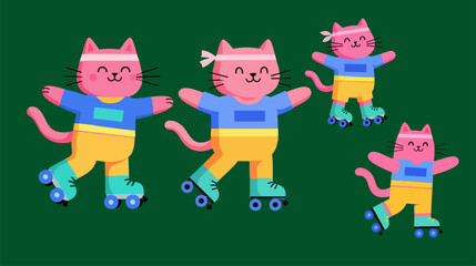 Fototapeta premium Retro pink cats roller skating in 80s fitness outfits, cute cartoon kittens exercising on roller skates, vintage style athletic cat characters