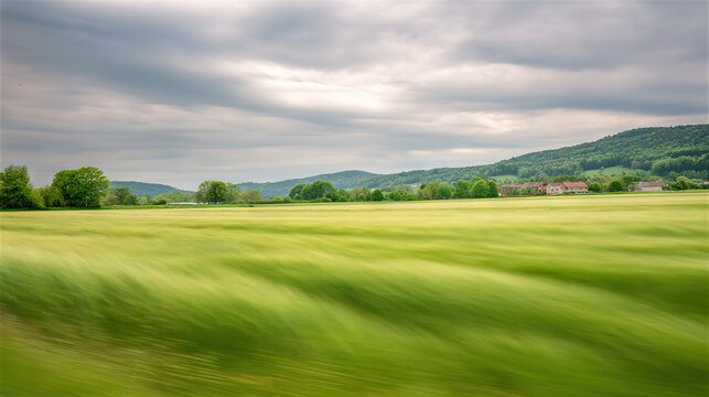 Green field landscape with rolling hills under cloudy sky