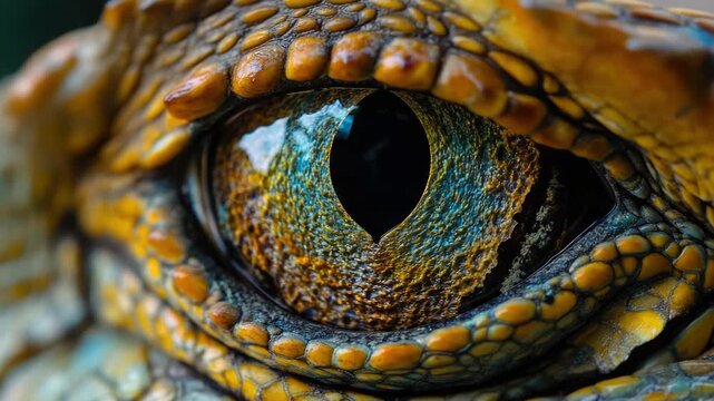 Close up of alligators eye in the wilderness. Exotic animal with yellow snake like eyes.