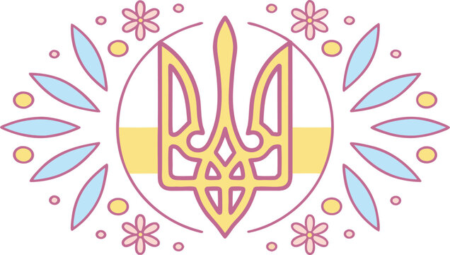 Yellow trident symbol on ukrainian flag colors with stylized floral pattern ukraine