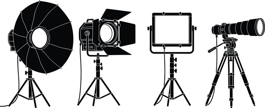 Black silhouette photography equipment illustration, studio light and camera icon, videography design, tripod setup symbol, minimalist concept art, media production theme