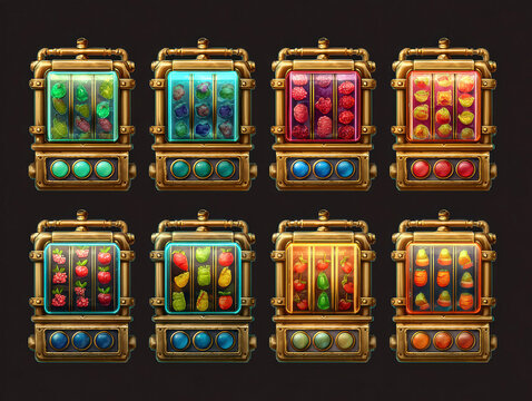 Steampunk slot machine with Willy Wonka style, featuring bright colors, metal pipes, neon lights, and candy symbols The design is flat or semi-flat, high readability, minimalist, clean - AI-Generated