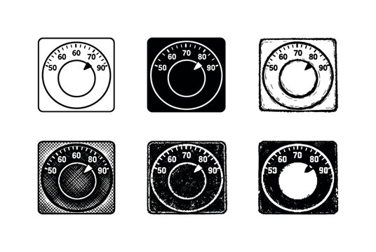 Wall mounted thermostat device with circular dial and temperature markings, used to control indoor heating and cooling systems |