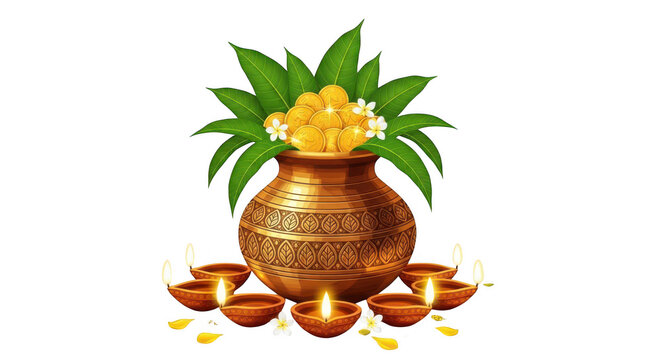 Traditional hindu mangal kalash decorated with mango leaves and glowing oil diyas