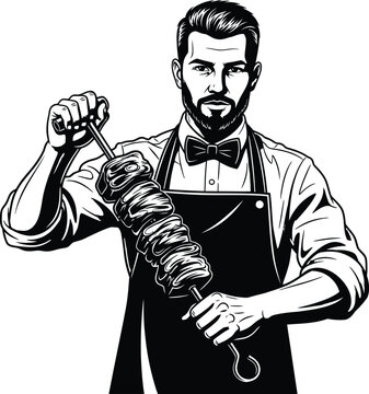 Man in apron and bow tie holding large meat skewer stick