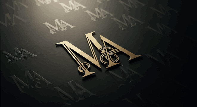Exquisite gold metallic MA monogram logo, featuring a sophisticated stylized dollar sign, beautifully embossed onto a luxurious dark textured background for a premium brand identity.