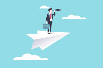 Obraz premium Businessman on paper airplane scans the horizon with a telescope