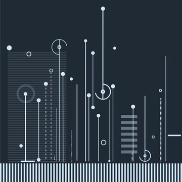 Abstract digital vector artwork featuring vertical lines with circular nodes, layered over dark background