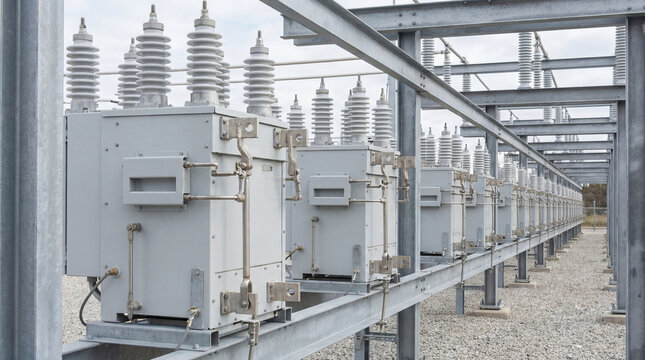 Electrical substation with series of high voltage circuit breakers and insulators. Industrial power distribution infrastructure. Equipment for energy grid transmission and control.