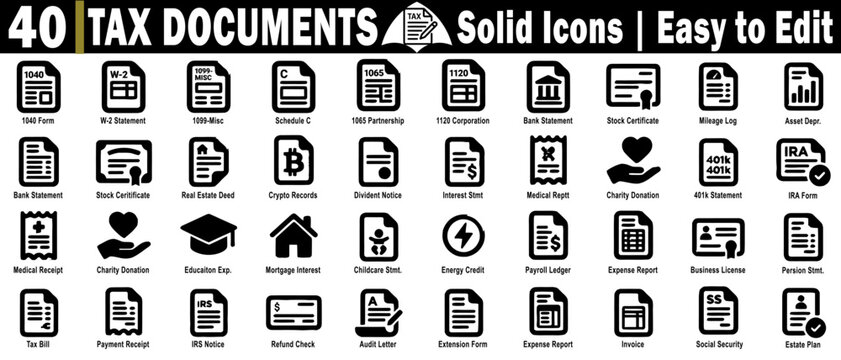 Tax documents solid icons. modern flat vector illustration. accounting, finance, and tax documents related icon set. easy to edit vector illustration.