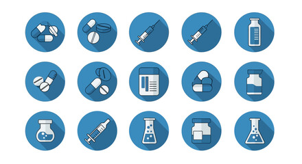 Fototapeta premium Extensive Set of Medical and Pharmaceutical Icons, Including Pills, Syringes, Bottles, and Laboratory Equipment Isolated on White Background.