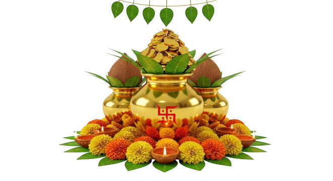 Traditional golden kalash with coconut mango leaves and marigold flowers for hindu festival celebration