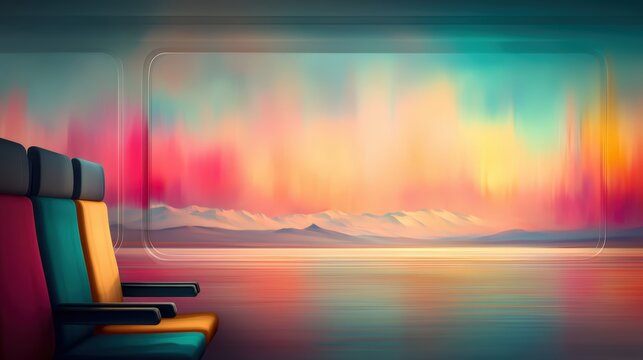 A serene train interior with empty seats overlooks a vibrant, colorful sunset over distant mountains and calm waters.