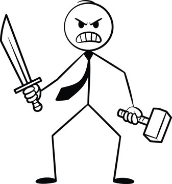 Angry businessman holding a sword and a hammer