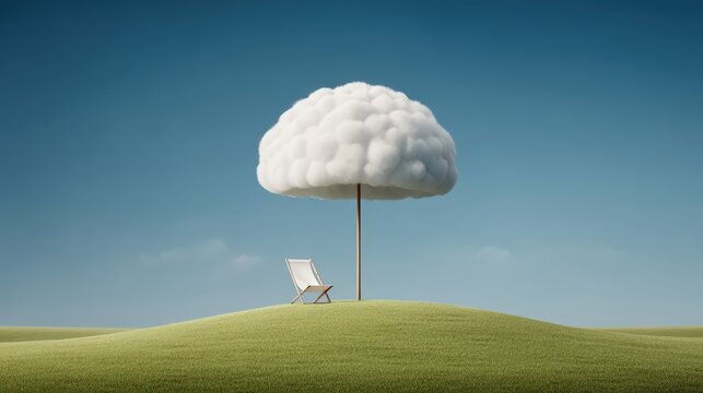 A surreal scene with a cloud shaped like a brain hovering like an umbrella over a lone chair on a grassy hill under a clear blue sky.