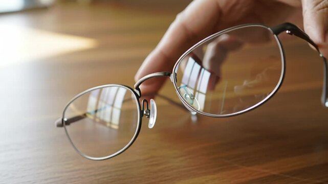 hands adjusting round metal frame eyeglasses on wooden surface close-up