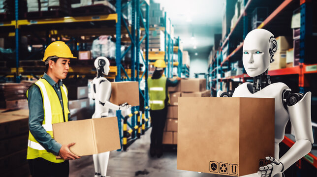 Innovative industry robot working in warehouse together with human worker . Concept of artificial intelligence for industrial revolution and automation manufacturing process .