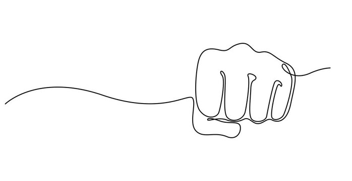 Raised Fist Continuous Line Art animation, Thumbs up hand drawn design, Oncoming fist continuous one line drawing, Courage Line Icon, Clenched fist - VIDEO, Human hand as fist black and white.