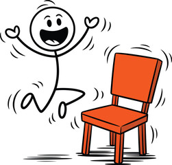Fototapeta premium Excited stick figure jumping with joy next to a simple red chair