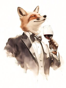 Fox wearing tuxedo holding glass of red wine. Anthropomorphic gentleman animal drinking beverage. Elegant character illustration for luxury lifestyle, celebration, cafe menu, holiday concept.