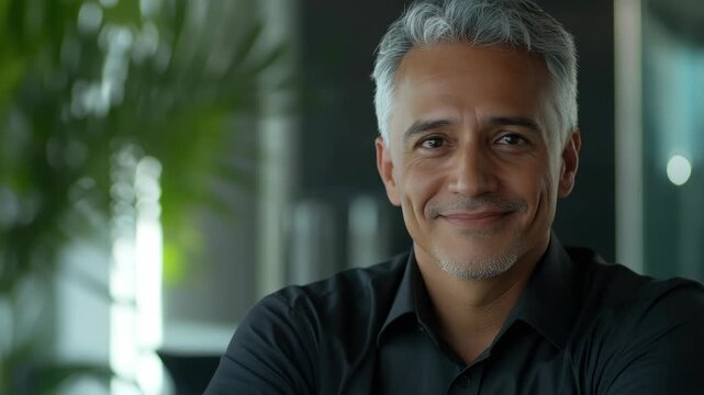 Man with beard and dark hair giving a friendly smile; corporate setting indicated by office ambiance.