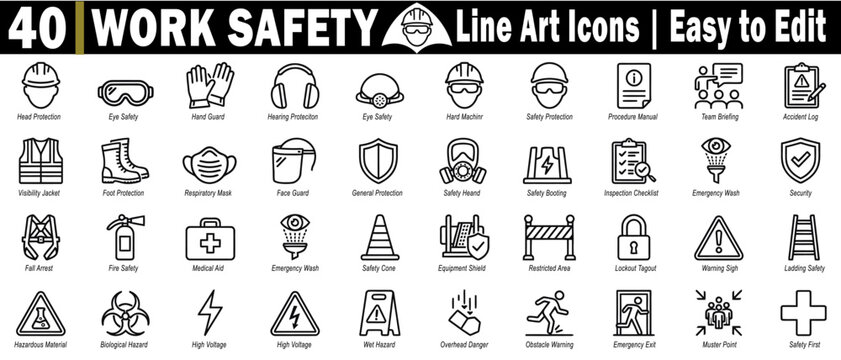 Industrial work safety icons set. Collection of protective equipment, including head protection, eye safety, and hearing protection, line art vector graphic elements, vector illustration.